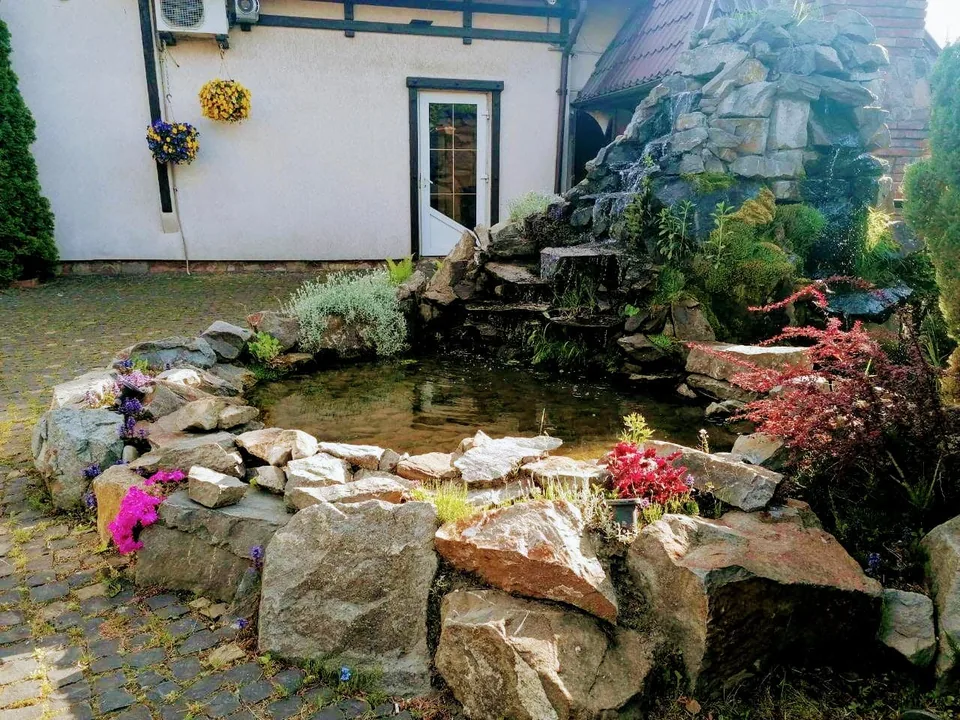 Декоративний водоспад спускається поміж камінням і рослинами.
